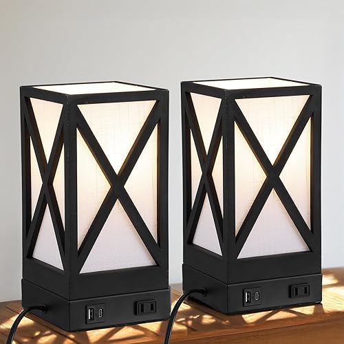 Lámpara de mesa, juego de 2 lámparas rústicas de mesita de noche, lámpara de escritorio de 3 temperaturas de color con puertos de carga USB, salida