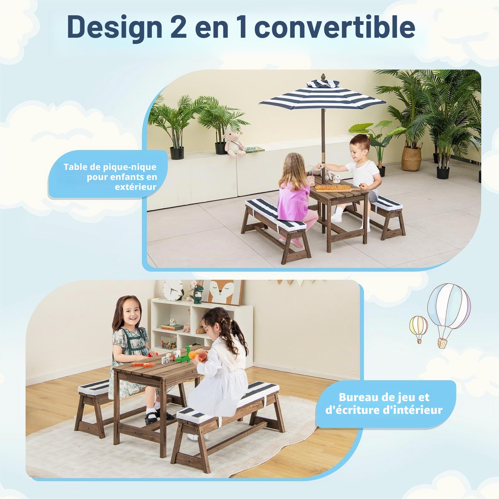 SOARS Ensemble de Table de Pique-Nique pour Enfants avec Parasol Réglable, Table et Bancs en Bois de Sapin pour Enfants avec Parasol et Coussins Doux, Salon de Jardin et Parc (Bleu)