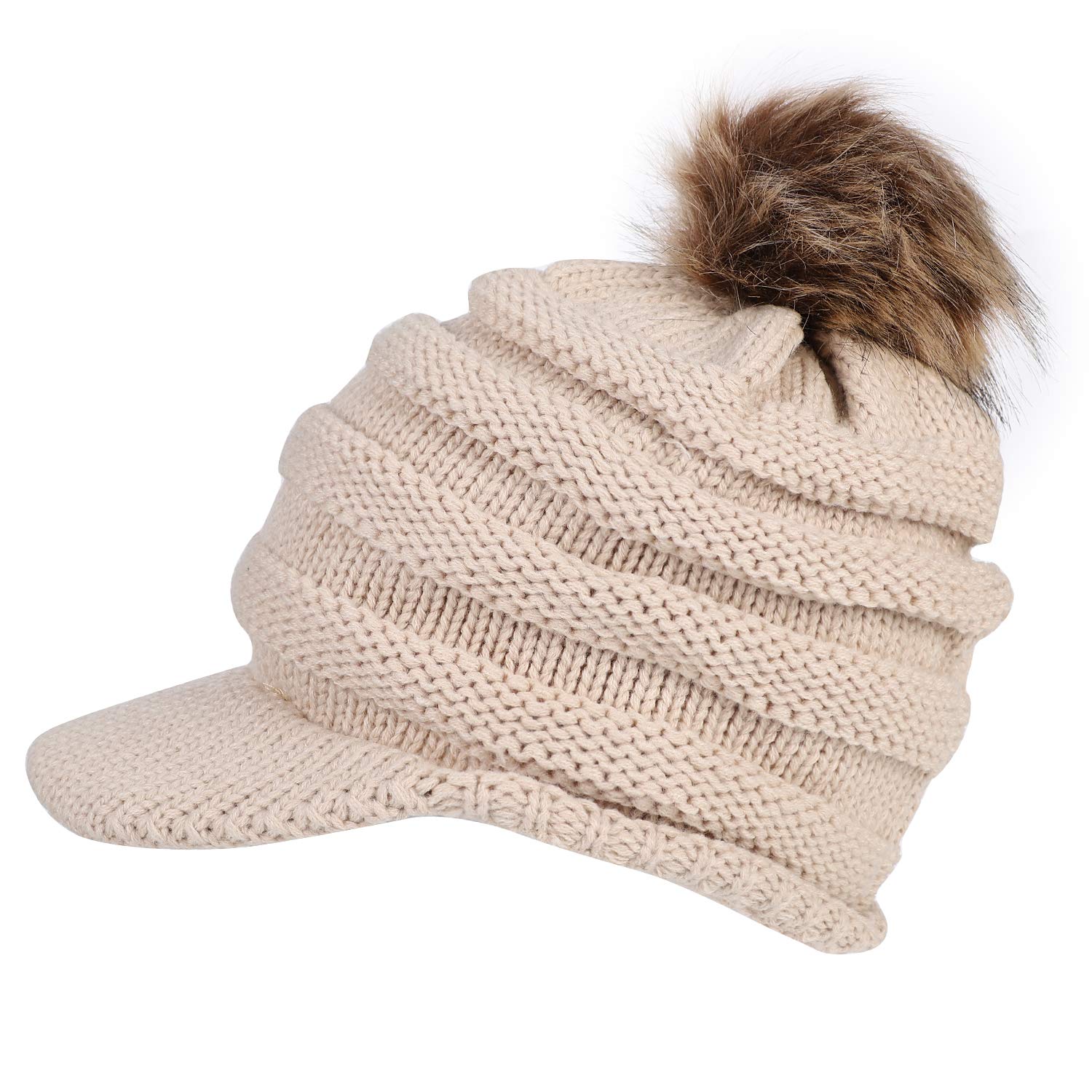Women Visor Beanie Hat Wool Knitted Beret Hat Slouch Beanie Hat with Detachable Faux Fur Pom Pom Warm Winter Skullies Beanies Hat Crochet Knit Hat Ski Snowboarding Hat with Elastic Black Headband