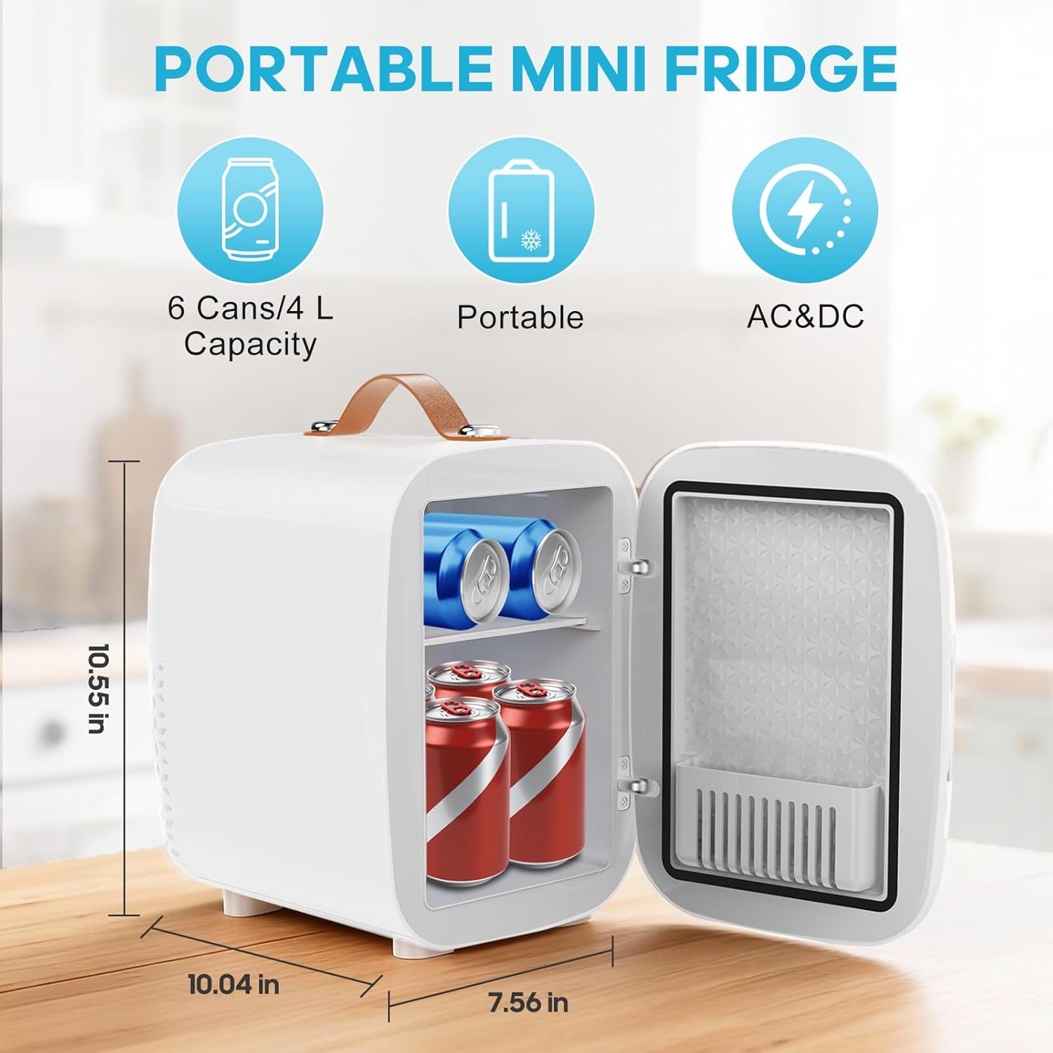 DUMOS Mini Fridge for Bedroom, 4L Compact Personal Fridge Cooler For Skincare, Drinks, And Snacks, Fits 6 Cans, Mini Refrigerator with 110V Ac/12V Dc, Ideal For Car, Dorm, White