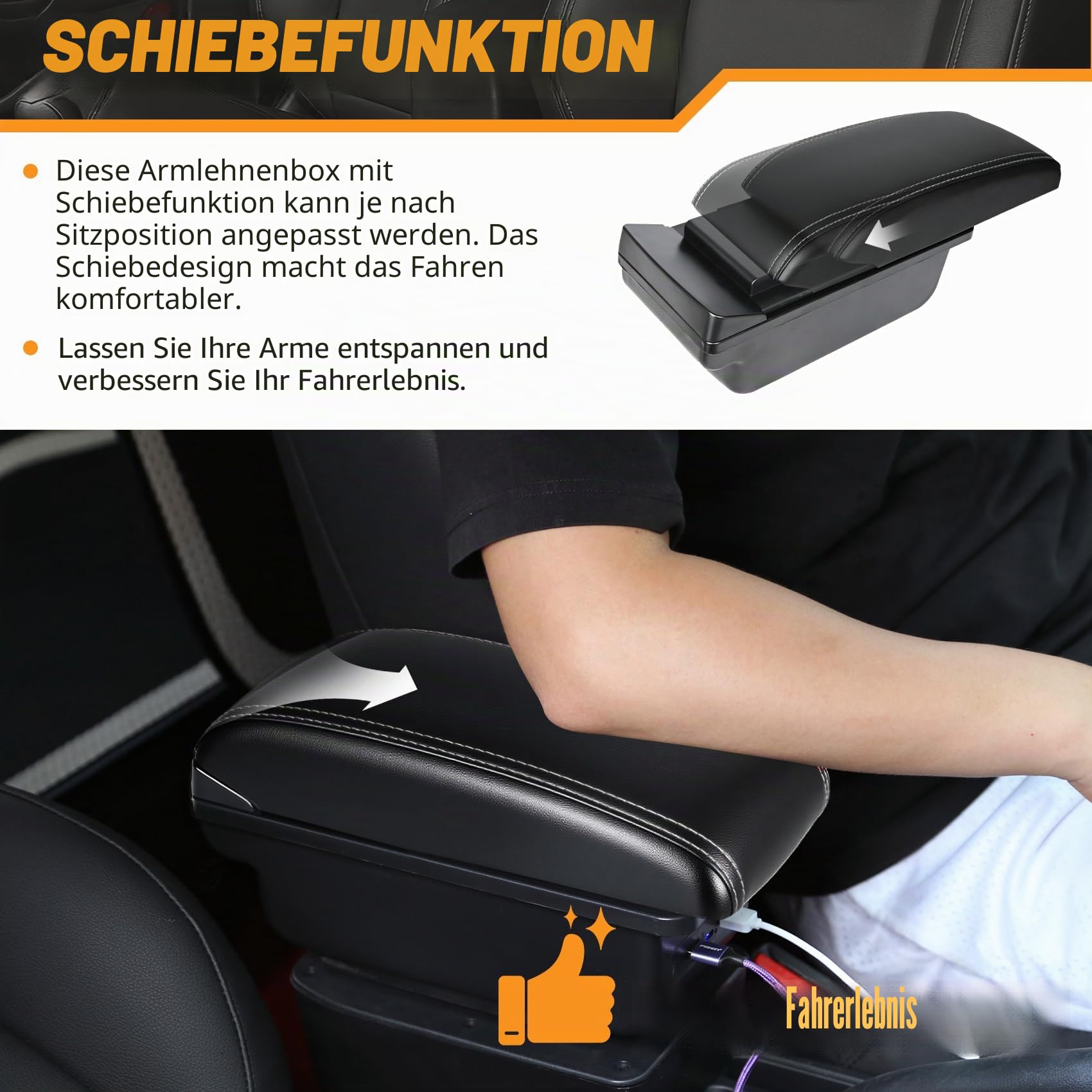 Autozubehor Armlehne für Fiat 500（2012-2017）Armlehnen Zweilagige Armauflage Schwarzes Leder mit weißen Linien