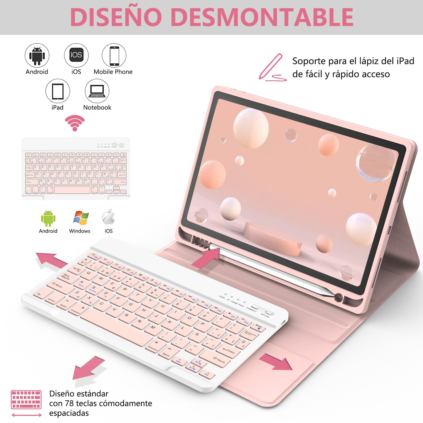 Funda con Teclado para iPad Air 11 M2 M3/5ª y 4ª Gen 10.9" 2022/2020, Auto Sleep & Wake, Teclado QWERTY Español, Funda con Portalápices Bluetooth Magnético Desmontable para iPad Pro 11" 2018 (Rosa)