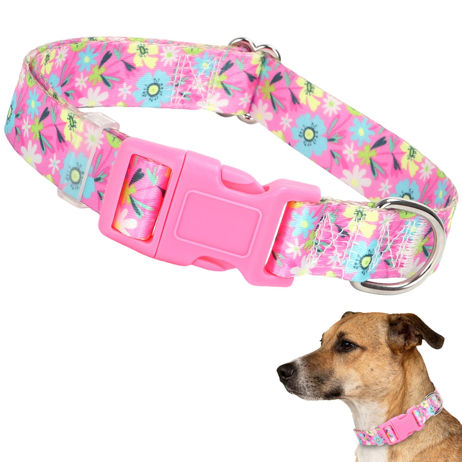 Girl Dog Collar for Large Dogs,Cute Pink Flowers Female Dog Collars Adjustable Soft Nylon Dog Collars for Small Medium Large XL Dogs (S)
