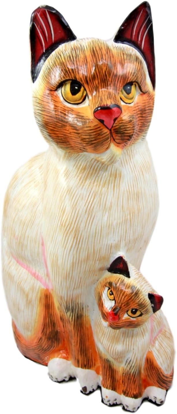 Balikraft Hand Made Wood Artisans "Kucing Emas" Large Orange Feline Cat With Kitten Family Decorative Figurine 12"H