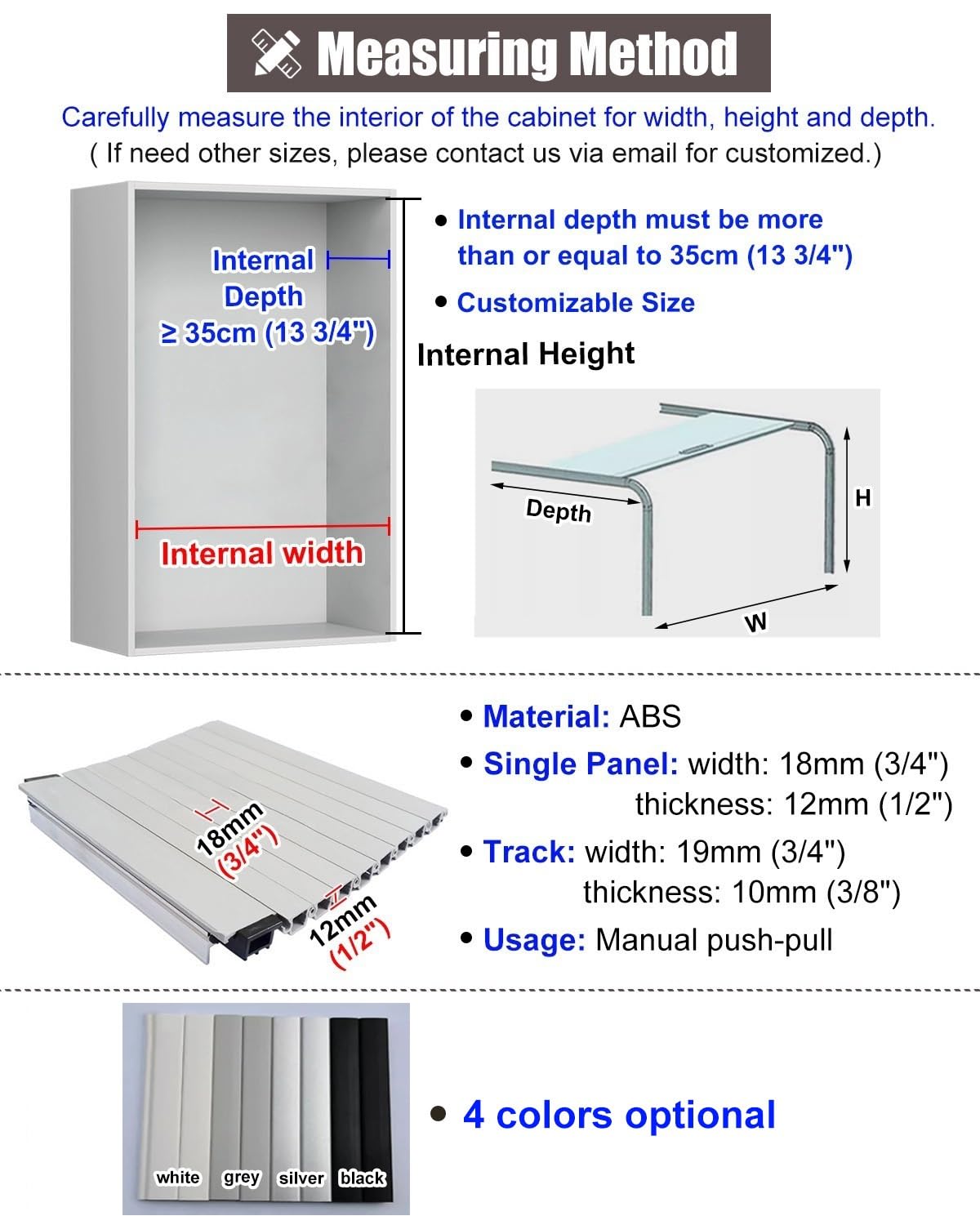ZIMGOD Porta a Soffietto Anta Scorrevole a Serrandina Kit per Mobile da Cucina, Ante Pieghevoli per Armadio/Credenza/Guardaroba, Serranda Avvolgibile di Ricambio con Guide(Black,45x80cm (18x32))