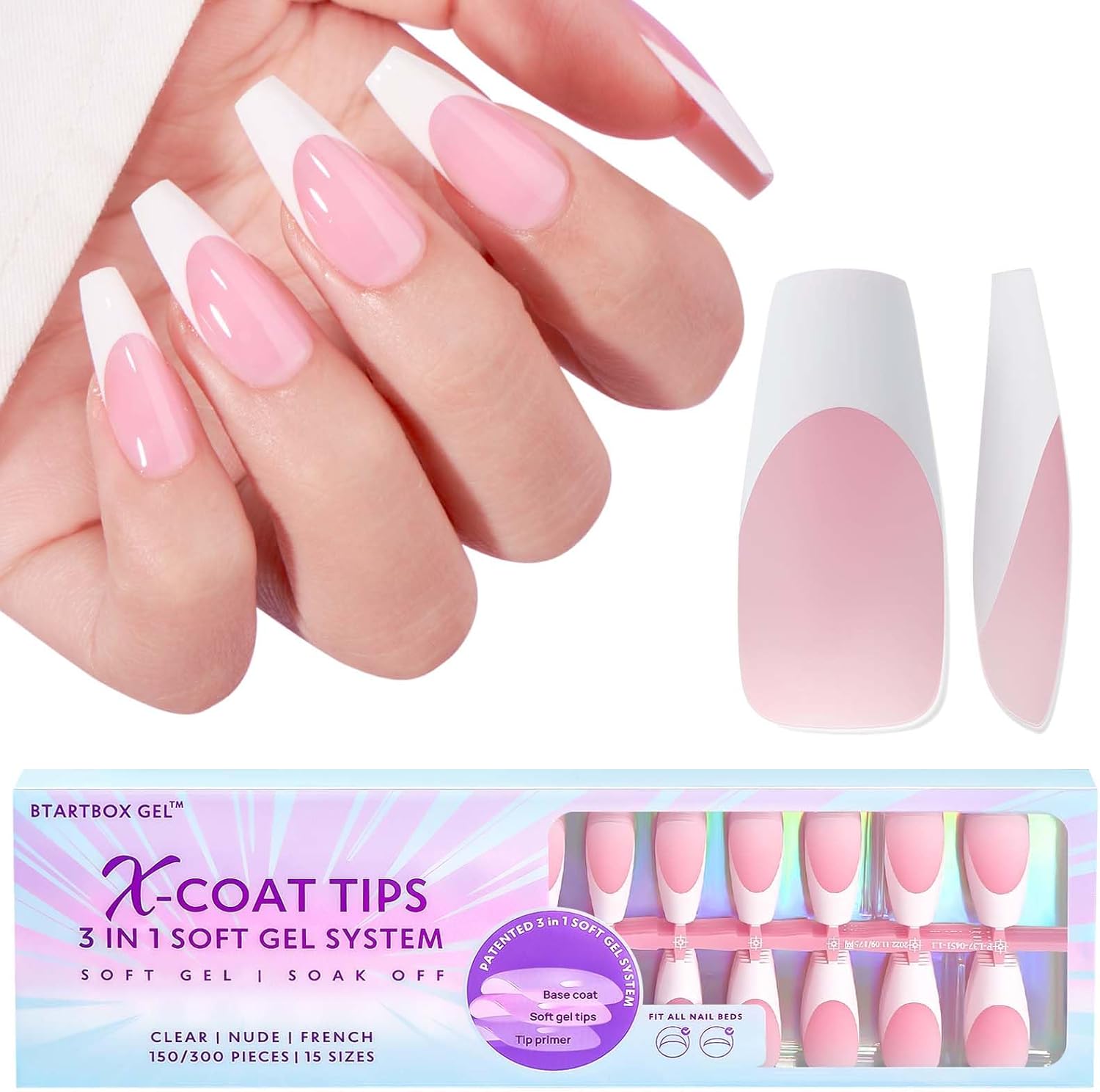 BTArtbox French Tip False Nails 150 Pcs Medium Coffin Nail Tips for Gel Extensions, 3 in 1 X