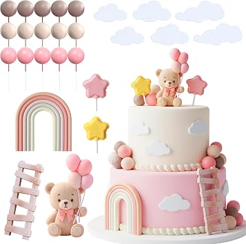 Knana 26Pcs Bear Cake Topper Pink Bear Cake Decoration Baby Bear Cake Topper Baby Shower Party Supplies