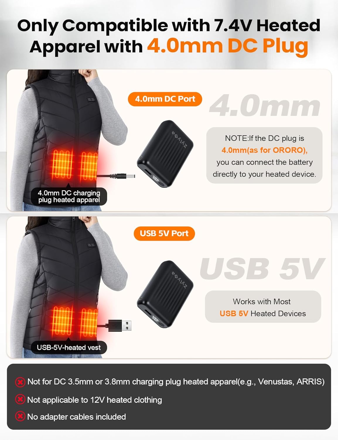 Heated Vest Battery Pack Replacement 18400mAh – 7.4V/5V Power Bank with LED Display, Only for 7.4V Heated Apparel with DC 4.0mm Plug, Not for 12V Gear