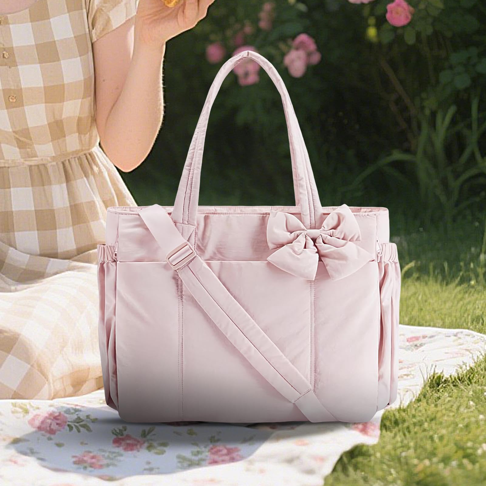 Kokardki Tote – stylowa torebka damska, elegancka torebka z regulowanym paskiem do noszenia i kieszenią jako kopertówka do biura, na wesele, do szkoły, na podróż, imprezę, do pracy
