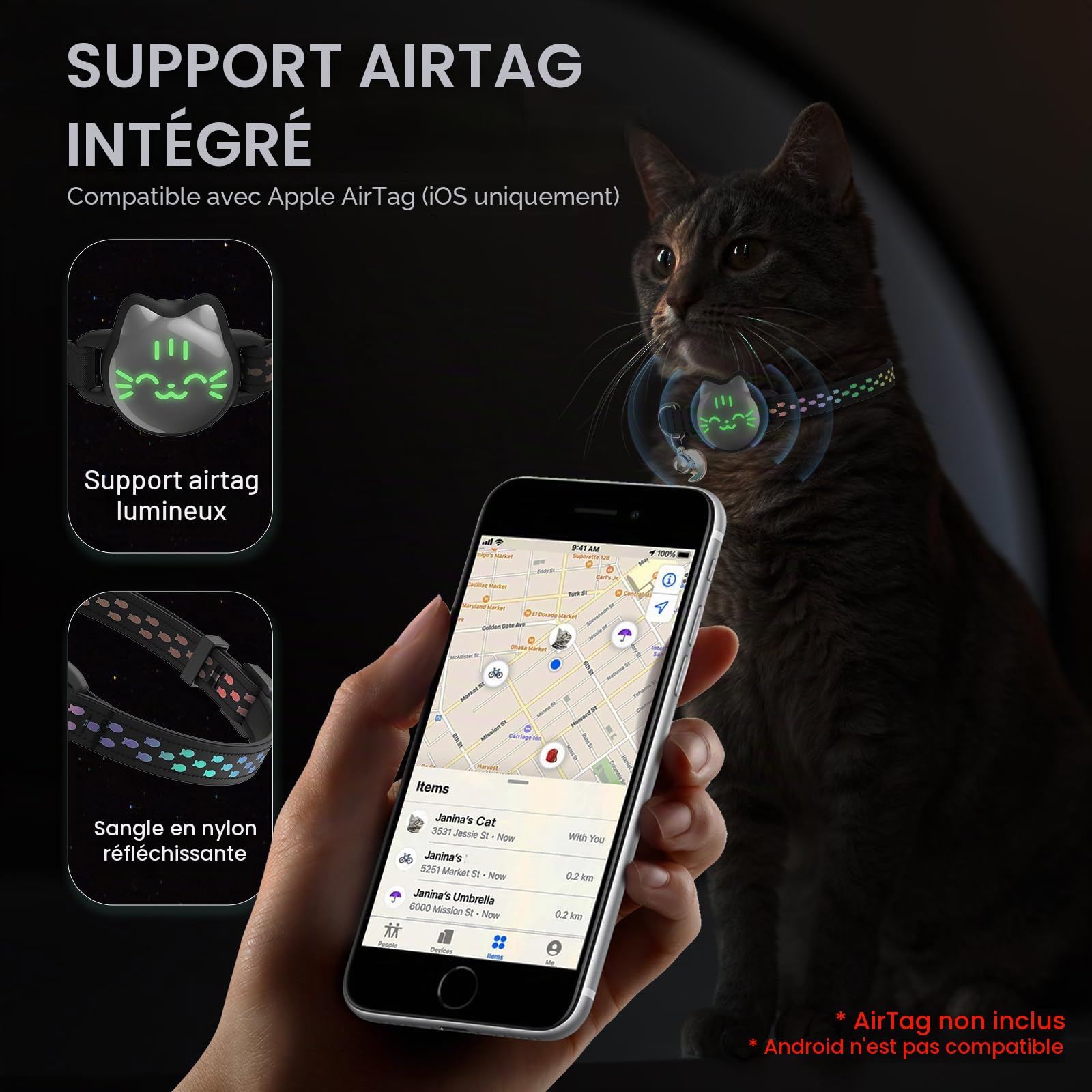 Collier étanche pour Chat Airtag avec Motif de Poisson Lumineux et réfléchissant, Collier léger pour Apple Air Tag, Support de Suivi GPS caché pour Chats, Chatons (22,9 à 33 cm)