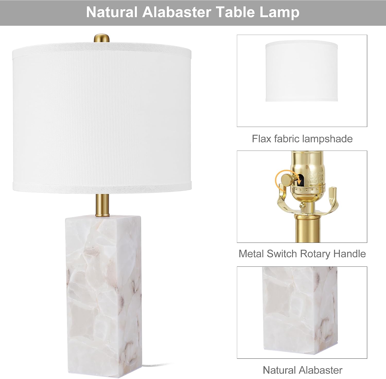 25" Alabaster Table Lamps Set of 2, Bedside Lamp with Night Light, White Drum Shade, for Bedroom Living Room Home Nightstand Table Lamp