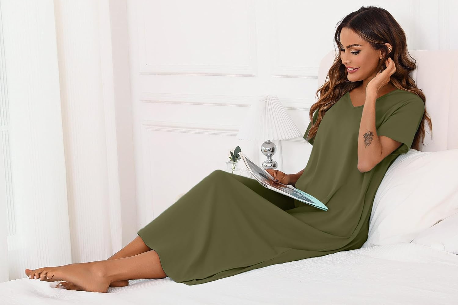 Marvmys Women Short Sleeve Nightgown Cotton Long Nightshirts with Pocket - Image 8