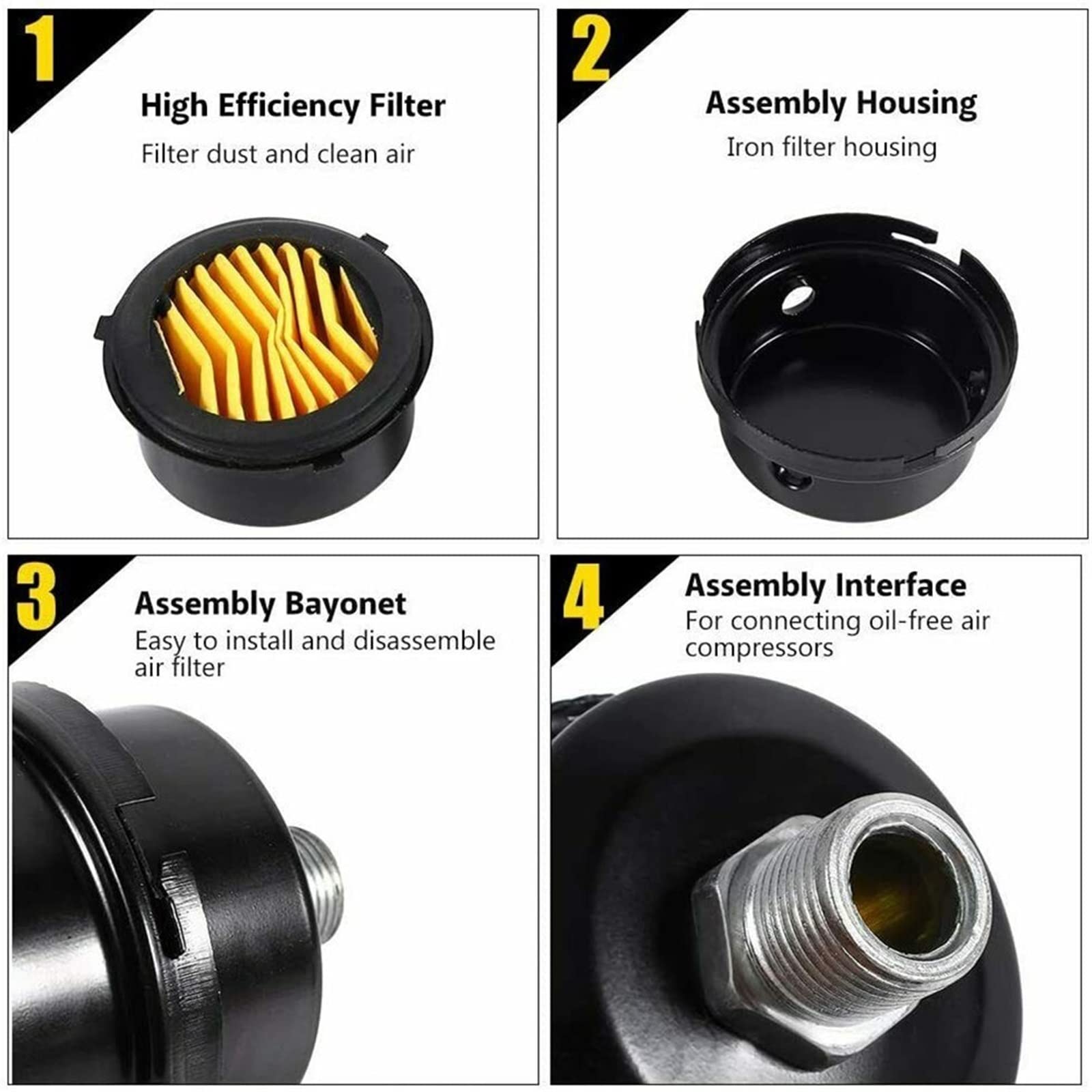 2 PCS compressore Aria silenziatore da 16 mm in Metallo di aspirazione Nera silenziatore di Rumore Adatto for Un compressore d'Aria Senza Olio for Un Elemento Filtro