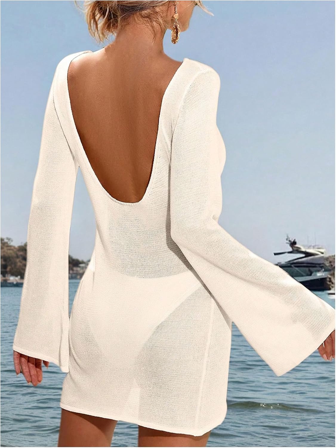 GORGLITTER Women's Cover Up Dress Swimsuit Mesh Backless Long Sleeve Bikini Bathing Suit Swim Suits Beach Dress Swimwear