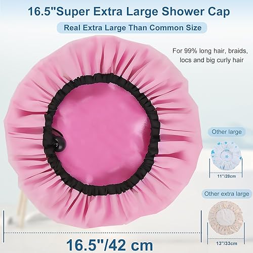Miniatura 9 de 3 gorros de ducha súper jumbo de 15 pulgadas, reutilizables, doble impermeable, para mujeres, extra grande con forro de satén para trenzas y cabello