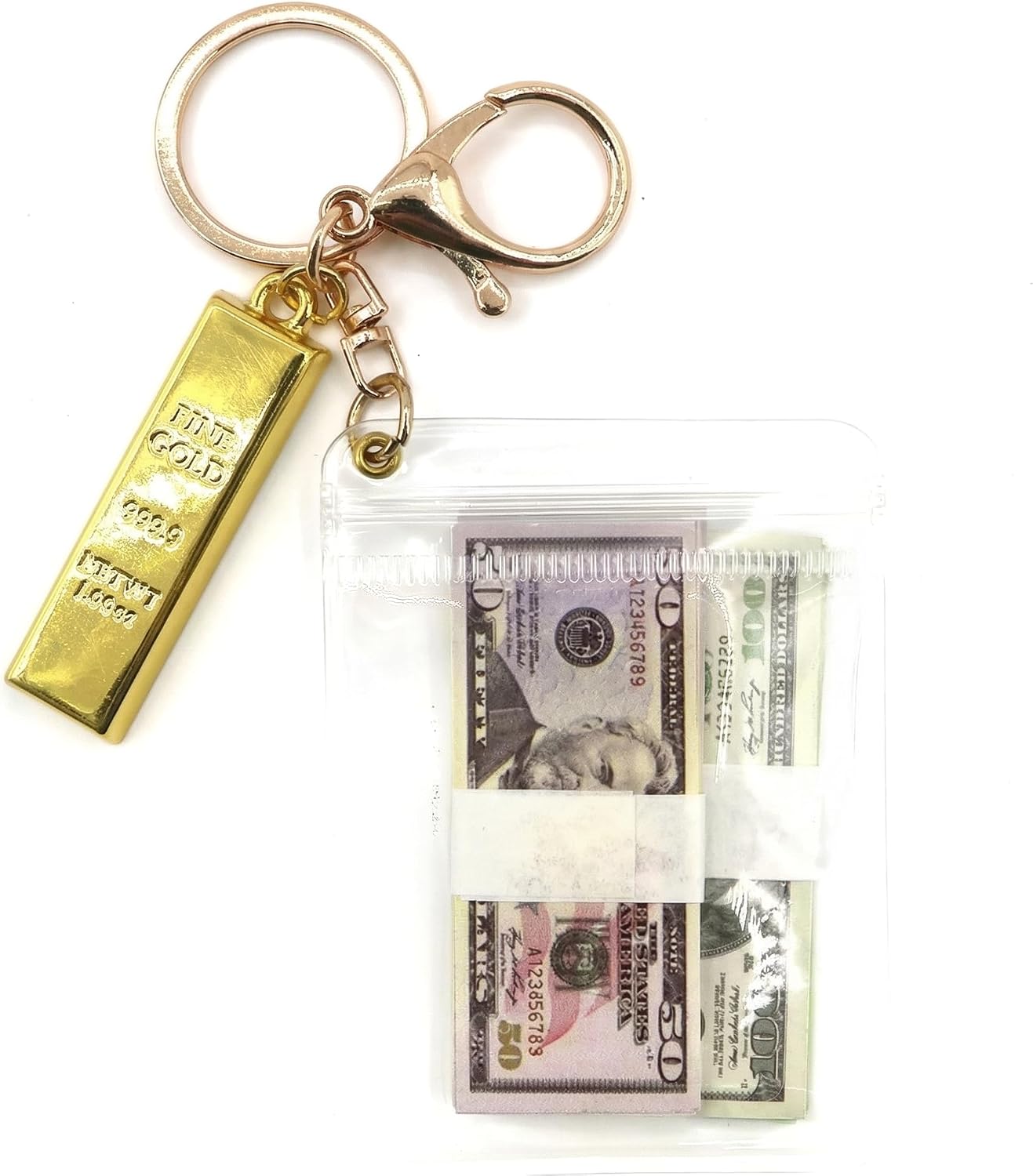 Gold Bar & Fake Money Keychain, Lucky Wealth Charm with Waterproof PVC Pouch, Funny Novelty Key Ring for Men & Women, Gift for Entrepreneurs & Finance Lovers