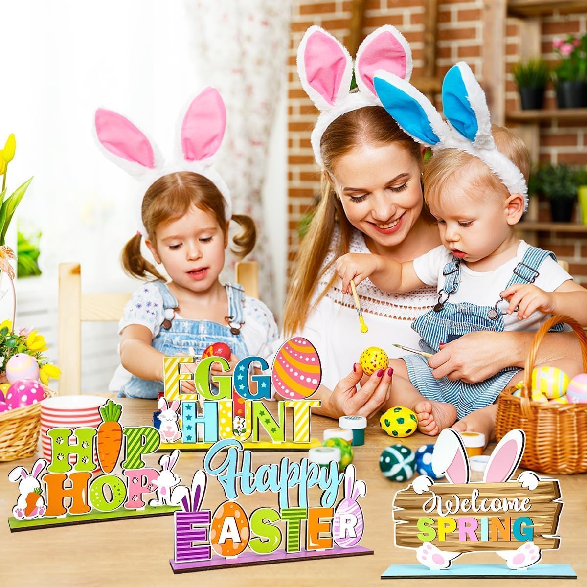 4Pcs Easter Decorations for Home Wooden Table Centerpiece Easter Table Decorations Eggs Bunny Style Tabletop Ornaments for Spring Easter Blessing Party Tiered Tray Decor Supplies