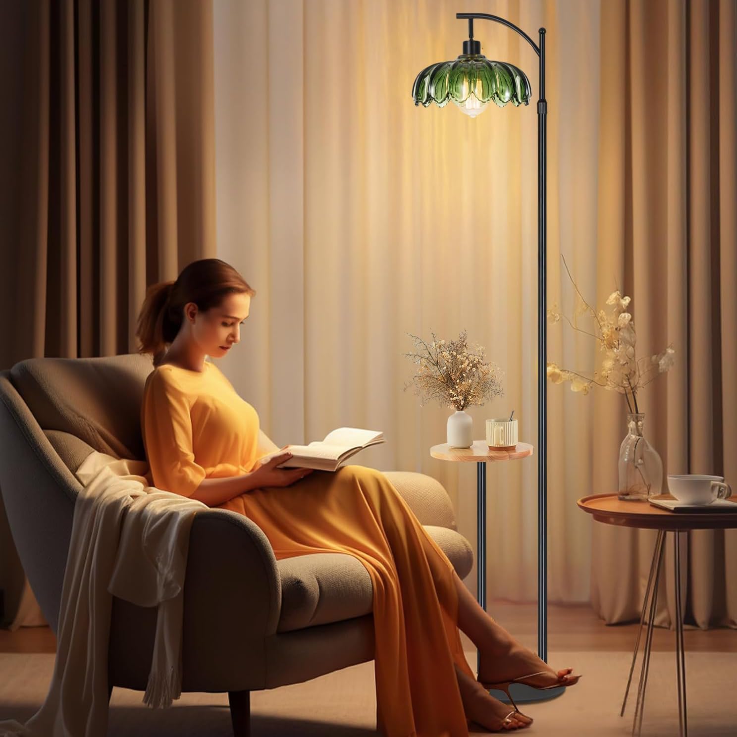 KZT Stehlampe Wohnzimmer mit Fernbedienung Dimmbar Stehleuchte mit Ablage Höhenverstellbar 177CM Vintage Stehlampe mit Fußschalter Leselampe für Schlafzimmer Büro Floor Lamp, E27 Glühbirne, Schwarz