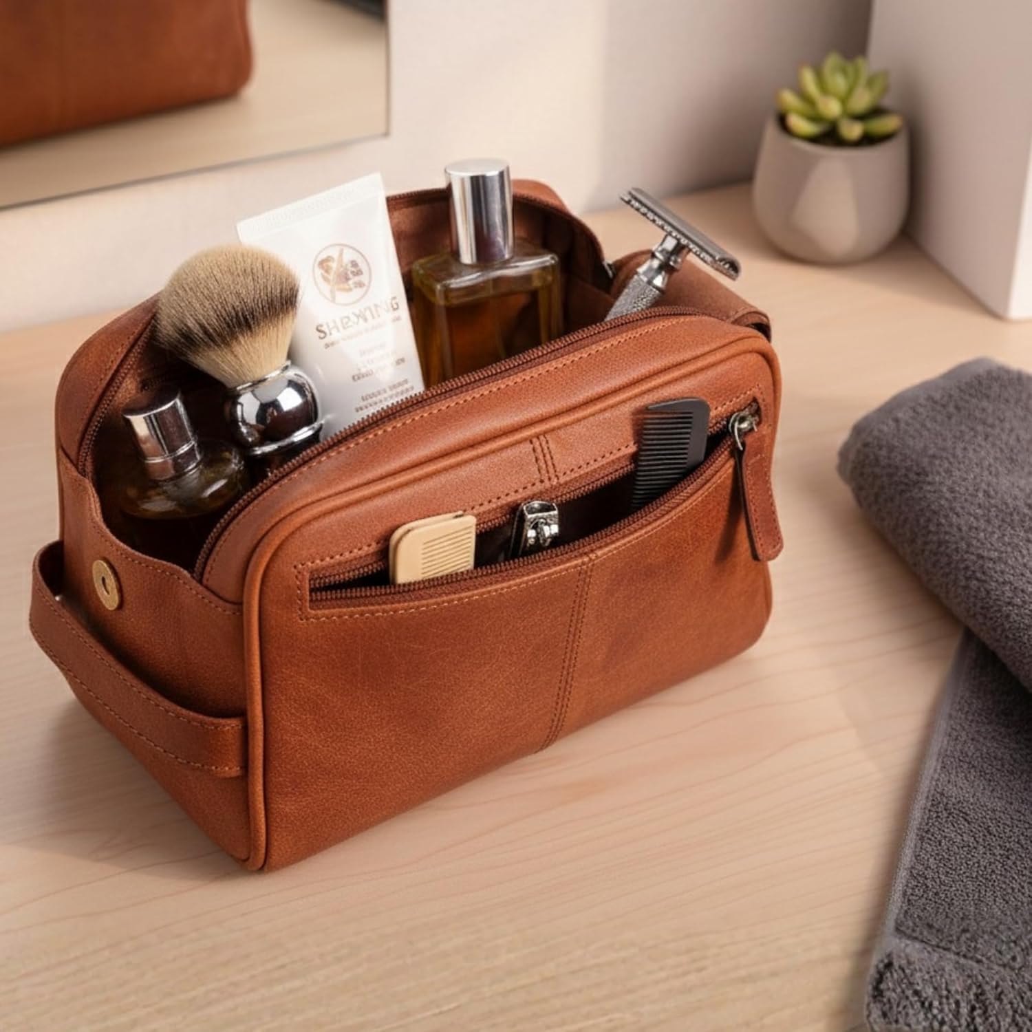 Genuine Leather Toiletry Bag for Men – 10 inch Large Mens Dopp Kit & Shaving Bag Organizer – Vintage Brown Travel Bathroom Pouch Grooming Kit, Ideal Gift for Men & Women