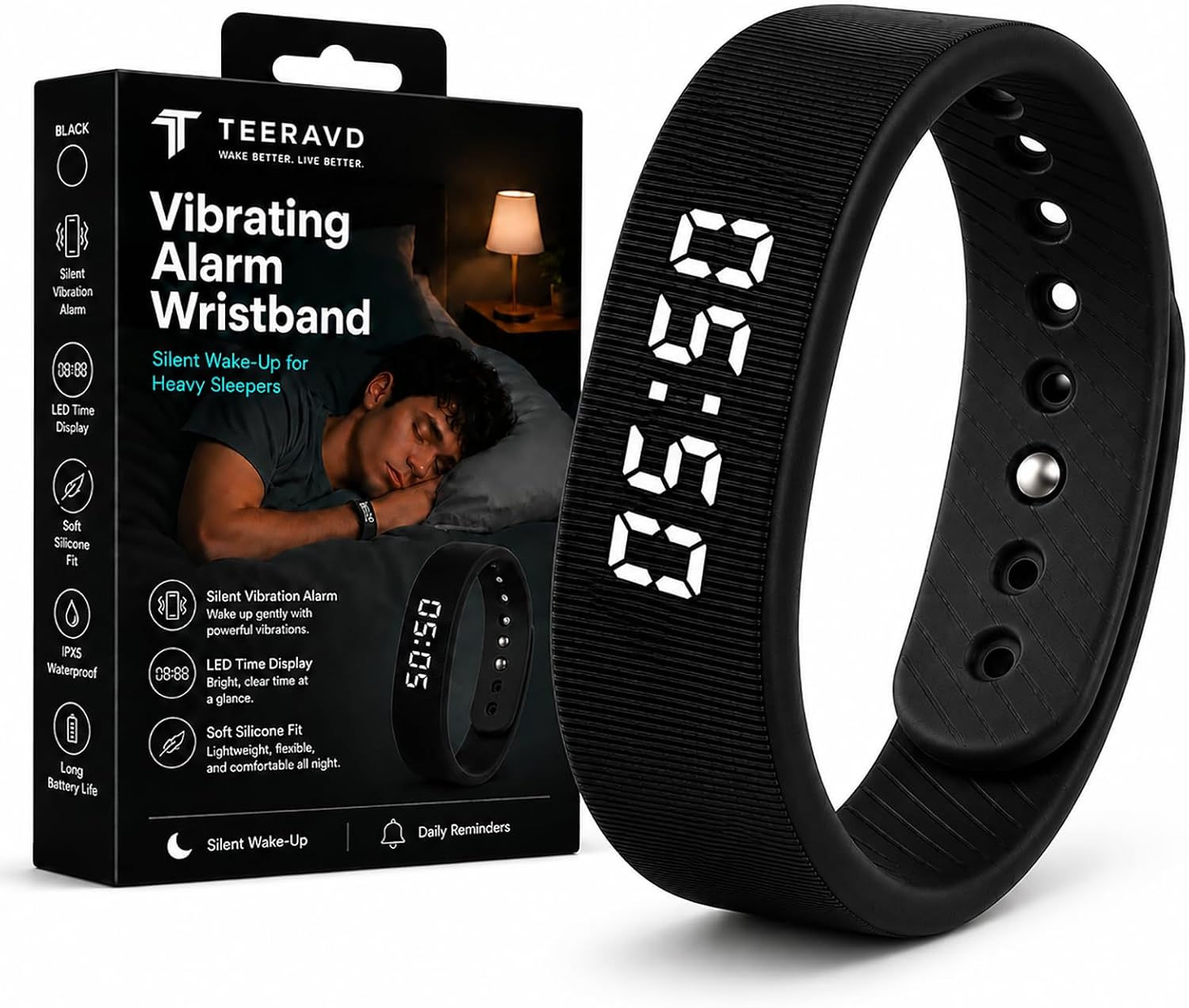 Vibrating Alarm Wristband Clock for Heavy Sleepers Wake Band Wrist Watch Silent Vibration Bracelet Loud Adults Strike Deaf People Despertar with that Won't Partner Extremely Deep (Black)