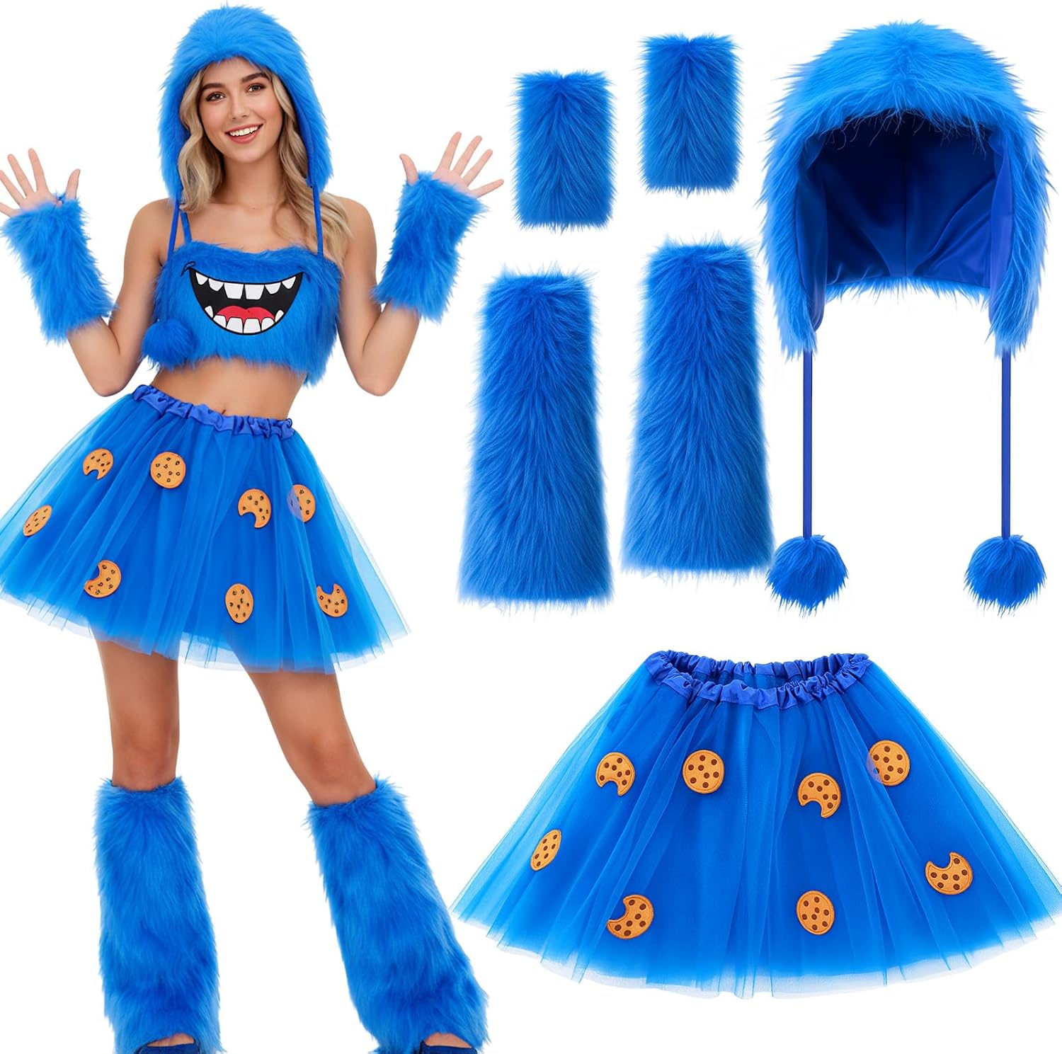 Shihanee 4 Pcs Furry Cartoon Monster Costume Accessories -tutu Skirt Furry Hat Gloves Leg Warmers for Women Cosplay
