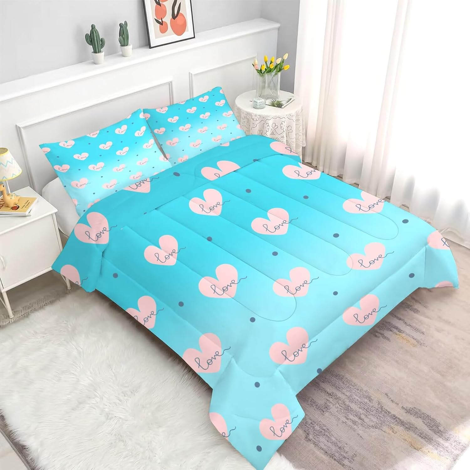 Heart Shaped Comforter Set Full/Queen Size Blue Gradient Bedding for Kids Girls Teen Women Bedroom Decor Love Aesthetic Quilt Bed Sets, 1 Comforter 2 Pillowcases