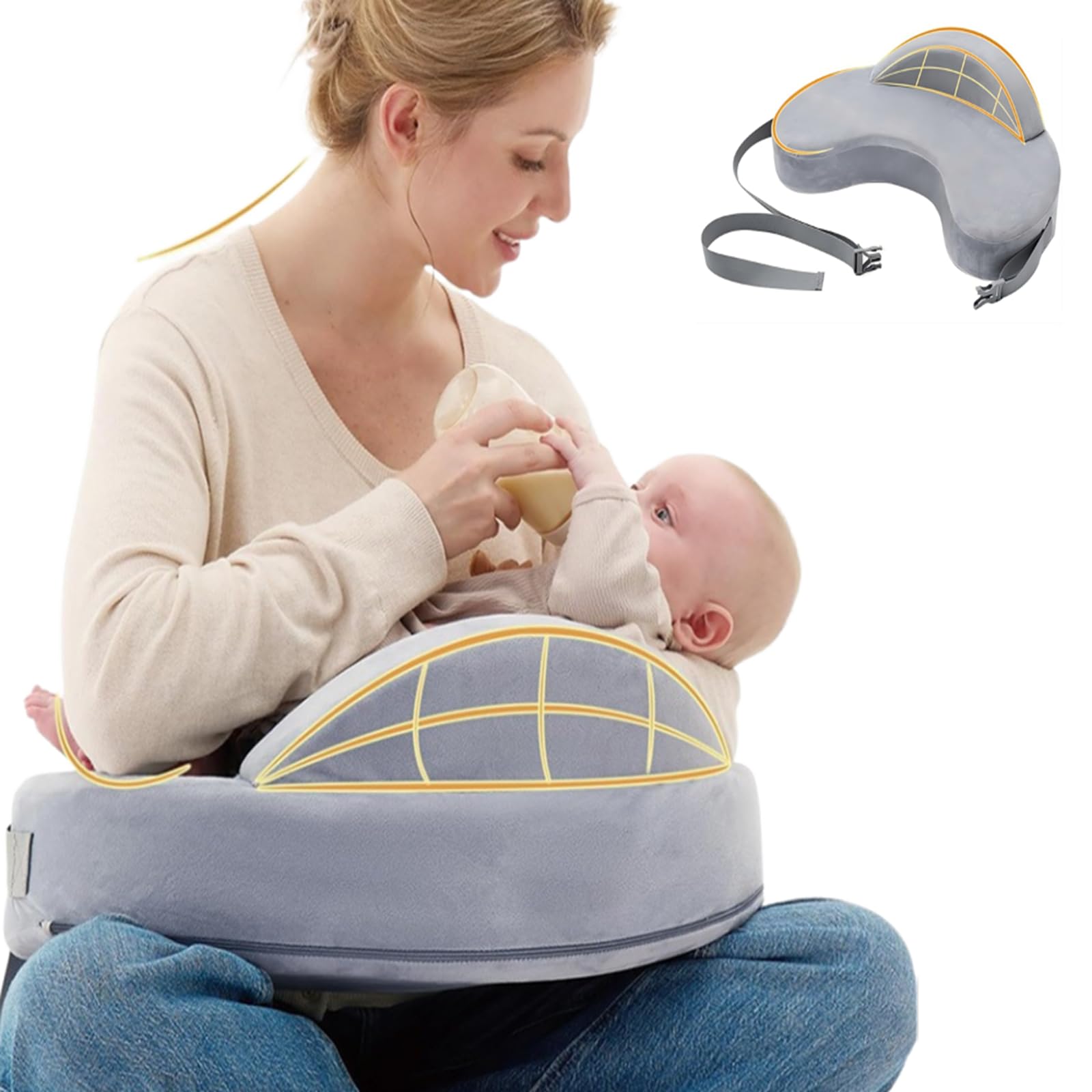 Sicheres und bequemes Stillkissen, stabile ergonomische Stützerfahrung, große Stilleinlage, verstellbarer Hüftgurt, Memory-Baumwollkern, starke und bequeme Unterstützung, Stillprozess einfach (grau)