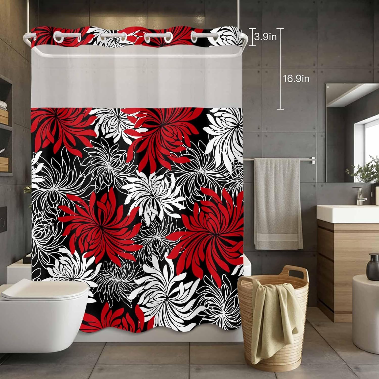 Red Black Floral No Hook Shower Curtain with Snap in Liner Vintage Red White Black Flower Waterproof Bathroom Shower Curtain with See Through Top Window for Bathtub 72" x 84"