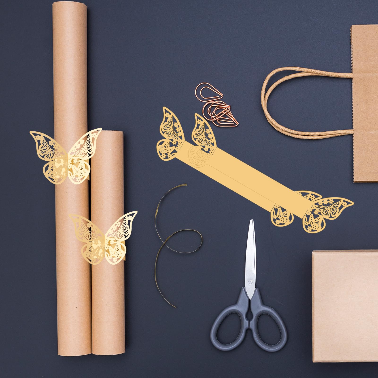 Set 50 Portatovaglioli Carta A Forma Di Farfalla 3D Bling - Beige, Oro, Rosa, Argento - Decorazione Tavolo Per Matrimoni, Feste, Ramadan, Banchetti - 4