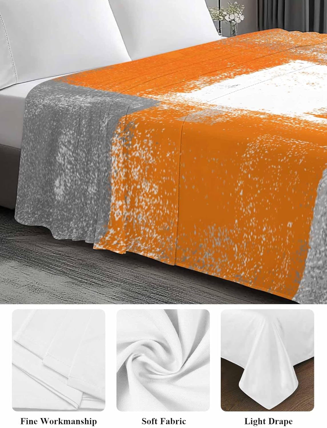 Top Sheet Full Bedding Flat Sheet Only, Orange Gradient Oil Painting Style Microfiber Bed Sheets Soft Breathable Bedding Flat Sheets, Gray Color Block Hotel Luxury Top Sheets