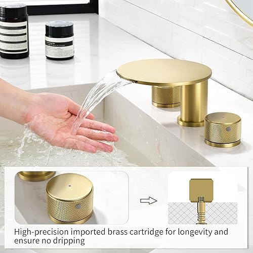 Miniatura 3 de TapLong Grifo de baño en cascada de níquel cepillado, grifo para fregadero de baño, grifo de baño generalizado de latón macizo de 3 agujeros con