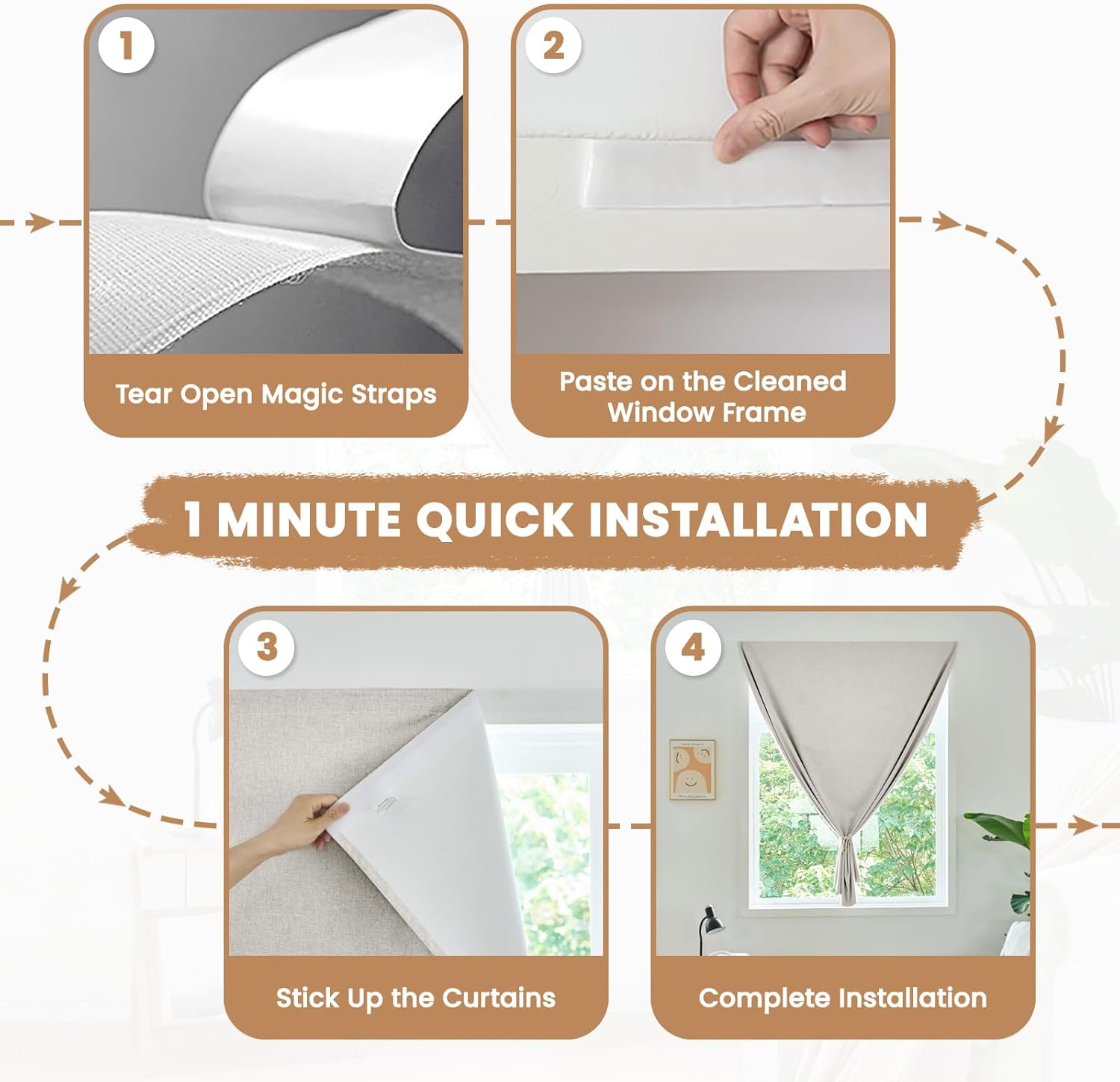 Adhesive Curtain,100% Blackout Curtains, No Drilling, Suitable for Multi-Scenes Privacy Protection (Light Beige - W52 × L60 in)