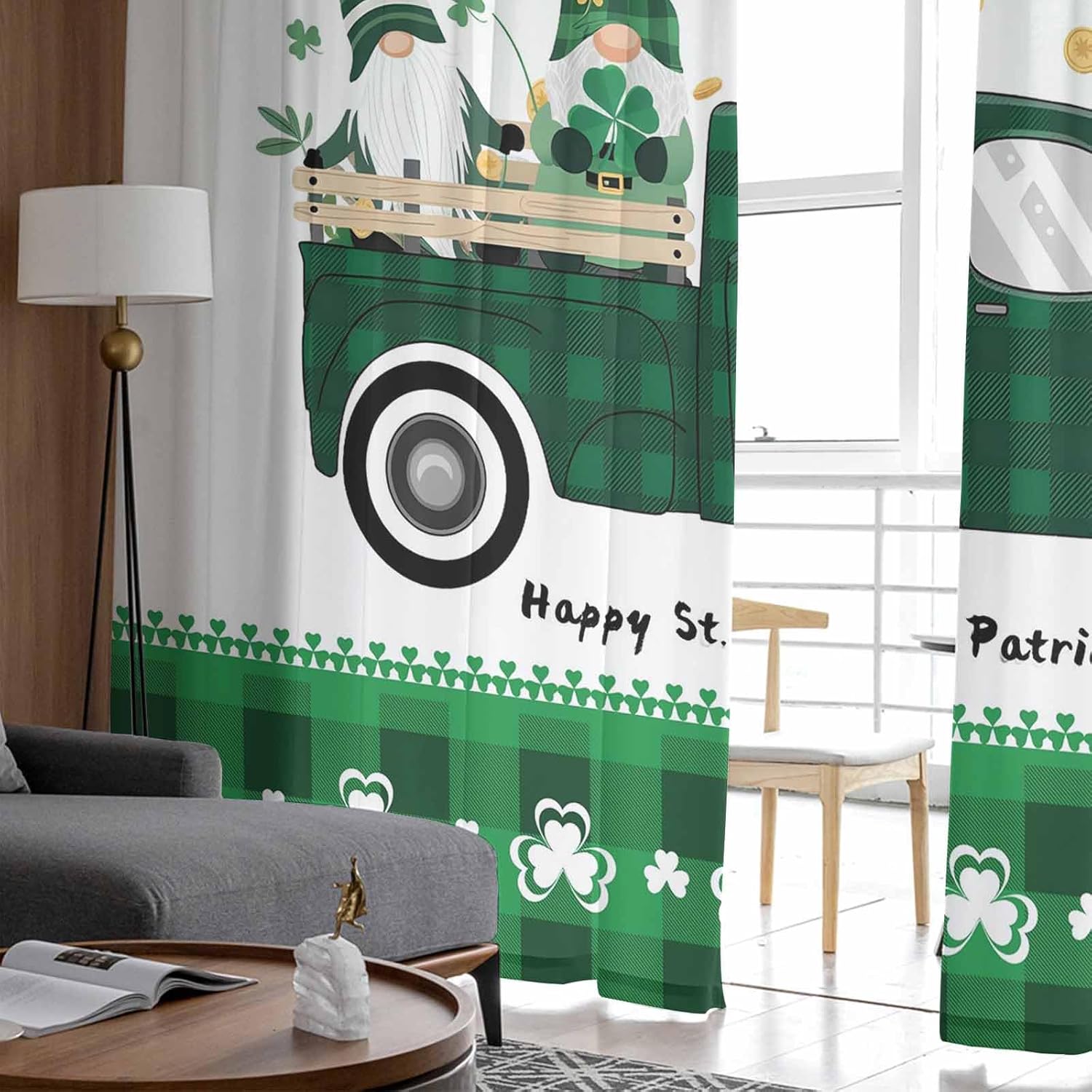 Sheer Curtains 63 Inches Long, Happy St. Patrick's Day Truck Pull Gnomes Shamrock Plaid Pattern Window Treatment Panels Rod Pocke Curtain Voile Drapes for Bedroom/Living Room Each 52" W x 63" L