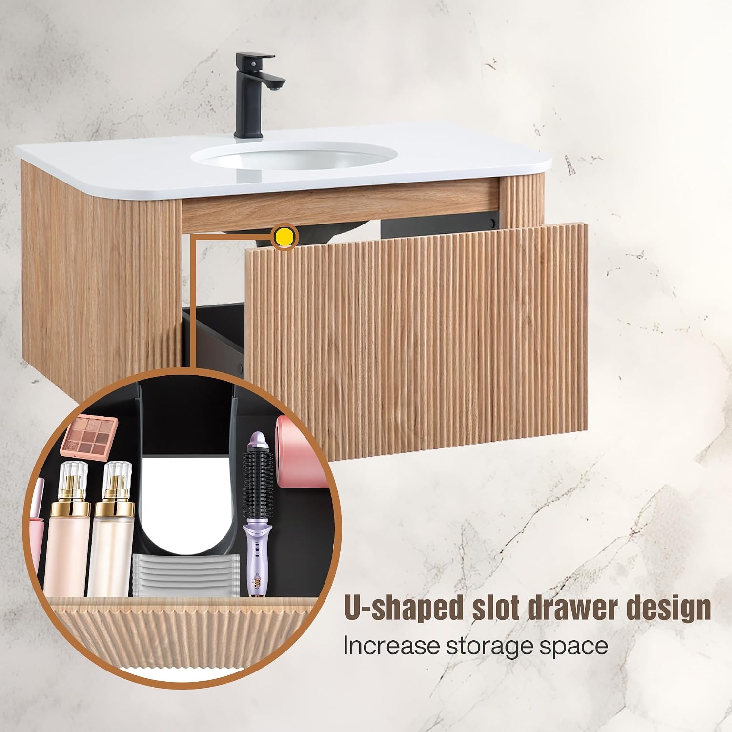 36" Wall Mounted Bathroom Vanity with Sink - Curved Wave Texture Wood Finish, Integrated Cultured Marble Basin, Pre-Assembled Floating Cabinet & Soft-Close Drawer, Natural Wood