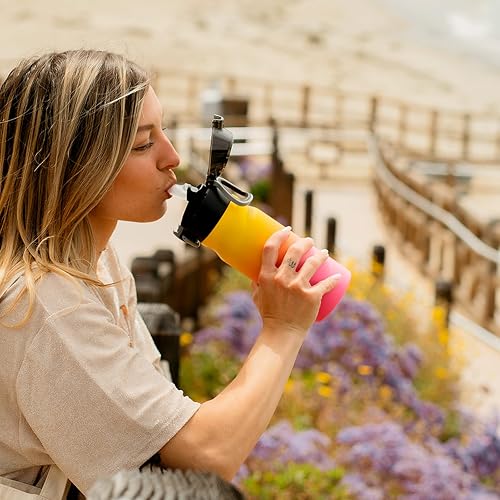 BJPKPK Bouteille d'eau avec paille – Bouteille d'eau isotherme réutilisable en acier inoxydable avec couvercle anti-fuite verrouillable et poignée de transport – 410 ml – Rainbow - 6