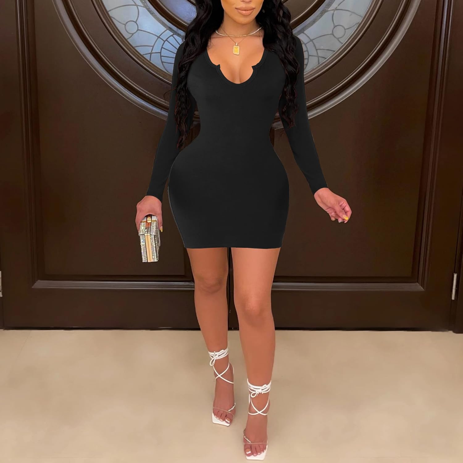 MOEENCN Women's Sexy Mesh Dress Square Neck Long Sleeve Ruched Printed Bodycon Party Club Cocktail Mini Dresses - Image 2