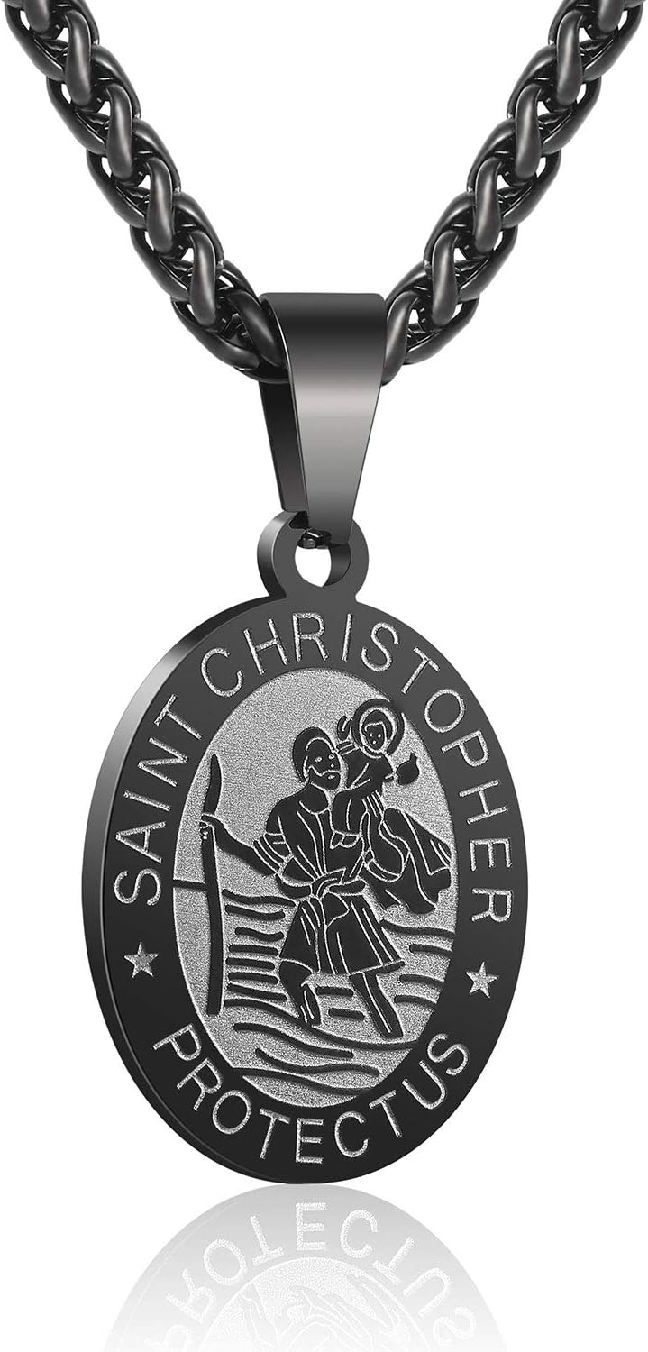 P. BLAKE Oval Saint Christopher/Michael/Joseph/Jude/Virgin Mary/Joseph/Francis/Patrick/Anthony/Benedict/Thomas Necklace for Men Women, Stainless Steel Catholic Patron Pendant with Chain 24 Inches