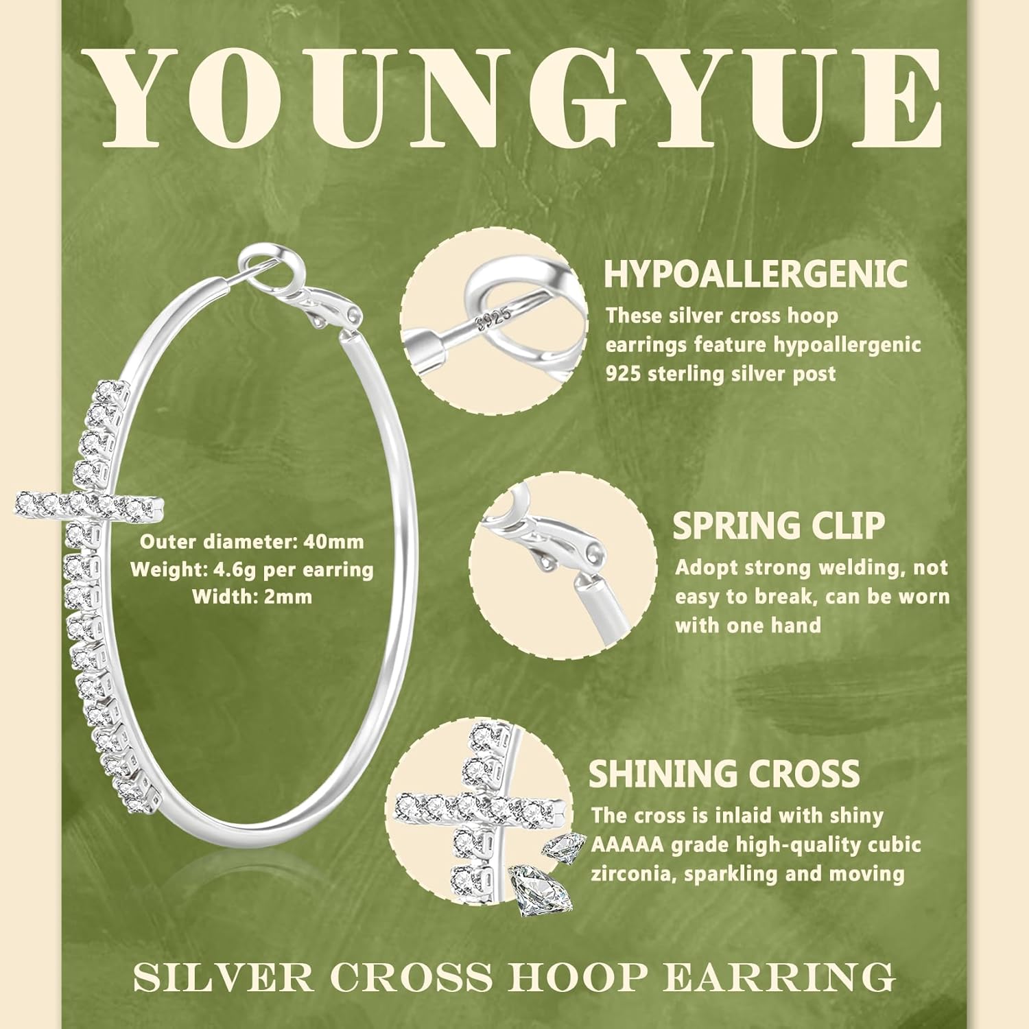 YOUNGYUE 2mm 925 Sterling Silver Hoop Earrings for Women Hypoallergenic 14K Gold Plated Hoop Earrings with Cubic Zirconia Lightweight Cross Rhinestone Hoop Earrings 40/50/60mm - Image 2