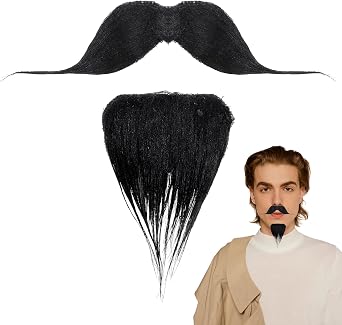 Fake Black Beard - Fake Mustache Adhesive Stick On Moustache - Old Man Fakes Beard and Mustache Costume Facial Hair for Halloween Costumes Festival Party for Adult