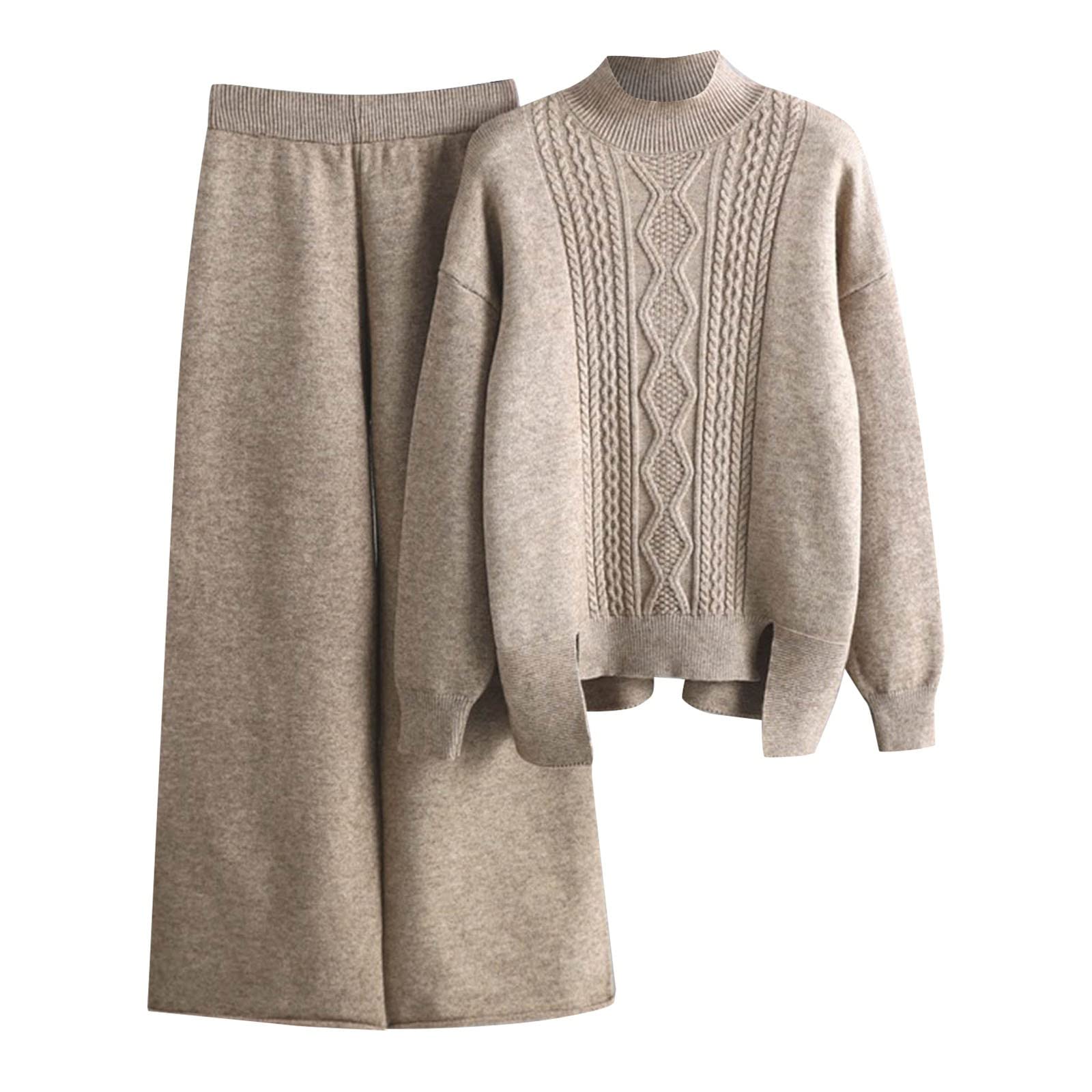 Femme 2 Pcs Pull Ensemble Tricoté Hiver Sweater Top en Maille Sweatshirt Chaud Chandail Sport Pantalon Jambe Large Hiver Ensemble Sportswear Mode Tenue Sport 2 Pièces