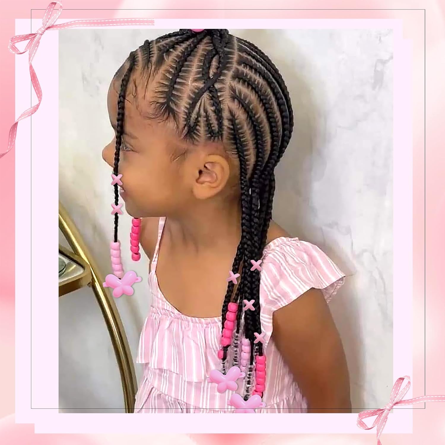 NAISKA 60Pcs Pink Round Hair Beads for Kids Girls Butterfly Self Hinge Hair Barrettes Small Hair Beads for Braids Dreadlock Beads Cute Beads for Hair Acrylic Loc Beads Braid Clips Accessories