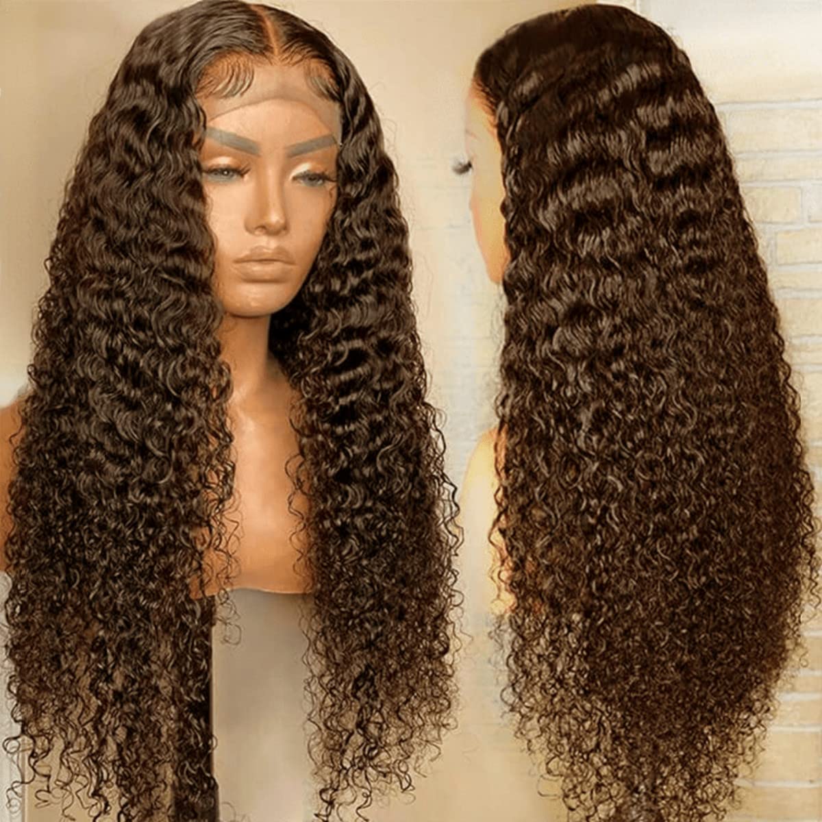 Dark Brown Curly Wavy Lace Front Wig TUTUnaumb Dark Brown Wig Long Curly Hair Middle Score Wig  main image 2