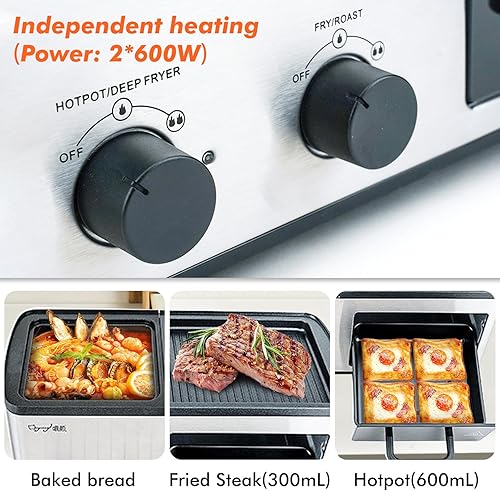 Miniatura 4 de Estación de desayuno 4 en 1 con parrillaplanchacajón de tostadascesta para freír, platos antiadherentes extraíbles, control de temperatura doble,