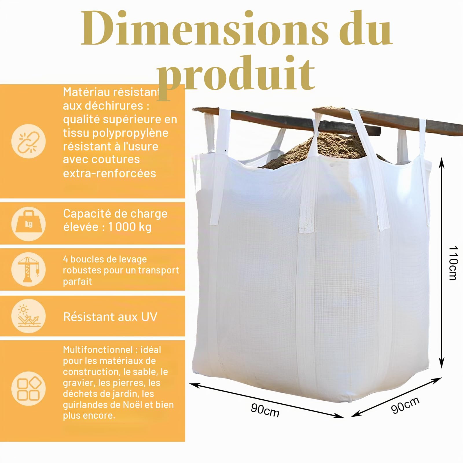 DAJAVE Big Bag - Lot de 2 sacs pour gravats de construction, bois, déchets de jardin, sable, déchets de construction, 1000 kg, avec 4 poignées de levage pour le transport