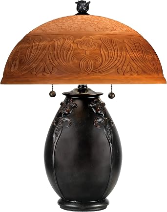 مصباح طاولة Quoizel Glenhaven 2-Light Teco Rossa بتصميم فن الآرت نوفو، مصباح مكتب بلمسة نهائية برونزية، مصباح عتيق بقاعدة منحوتة، مصباح طاولة مدخل مثالي لغرفة النوم وغرفة المعيشة وغرفة الطعام