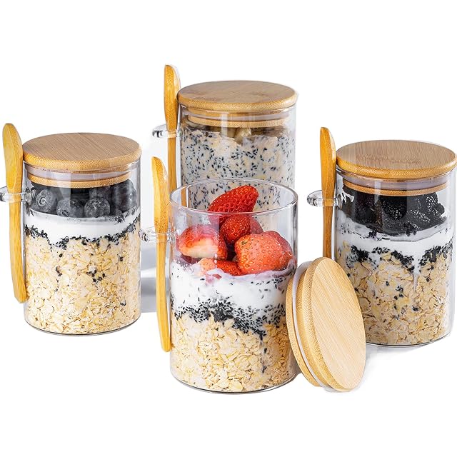Overnight Oats Containers with Lids 16oz Overnight Oats Jars 4 Pack Oatmeal Cups Meal Prep Containers Glass Meal