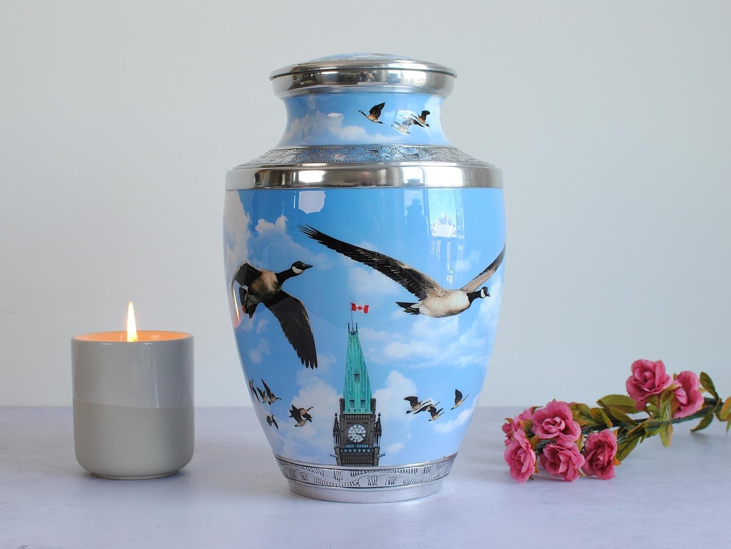 Canada Geese: Cremation Urn for Human Ashes | Handcrafted with Geese Pair in Cloudy Blue Sky | Flying Geese Memorial Urn | Adult 10.5" (Big with Flag)