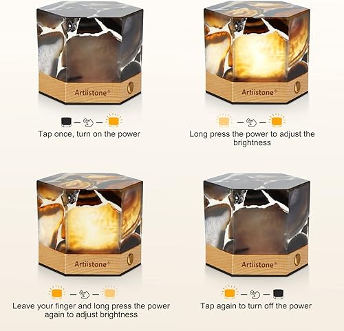 Miniatura 10 de Artiistone Luz nocturna de ágata azul con piedra de cristal natural, lámpara táctil LED, luces de piedras preciosas talladas con base de madera,