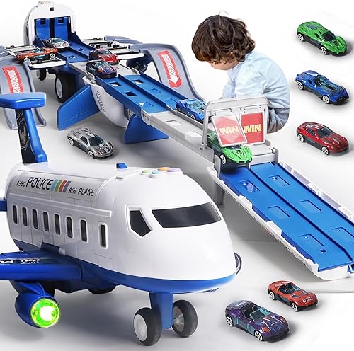 Juguete de avión, pista de carreras para niños, plegable de 4 capas, juego de pista de coche para niños pequeños, transporte de avión de juguete y 6