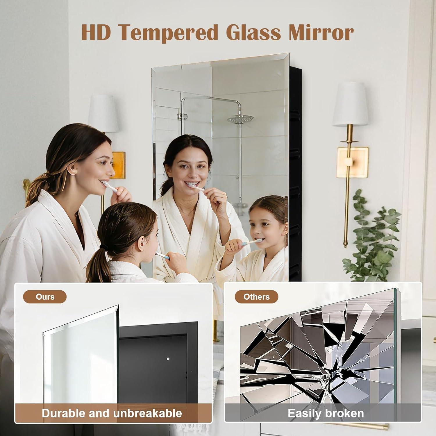 16x20'' Bathroom Medicine Cabinet Mirror with Storage, Surface Mount or Recessed Medicine Cabinet with 3-Tiered Adjustable Tempered Glass Shelves